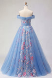 A Line Floral Corset Blue Long Off the Shoulder Prom Dress