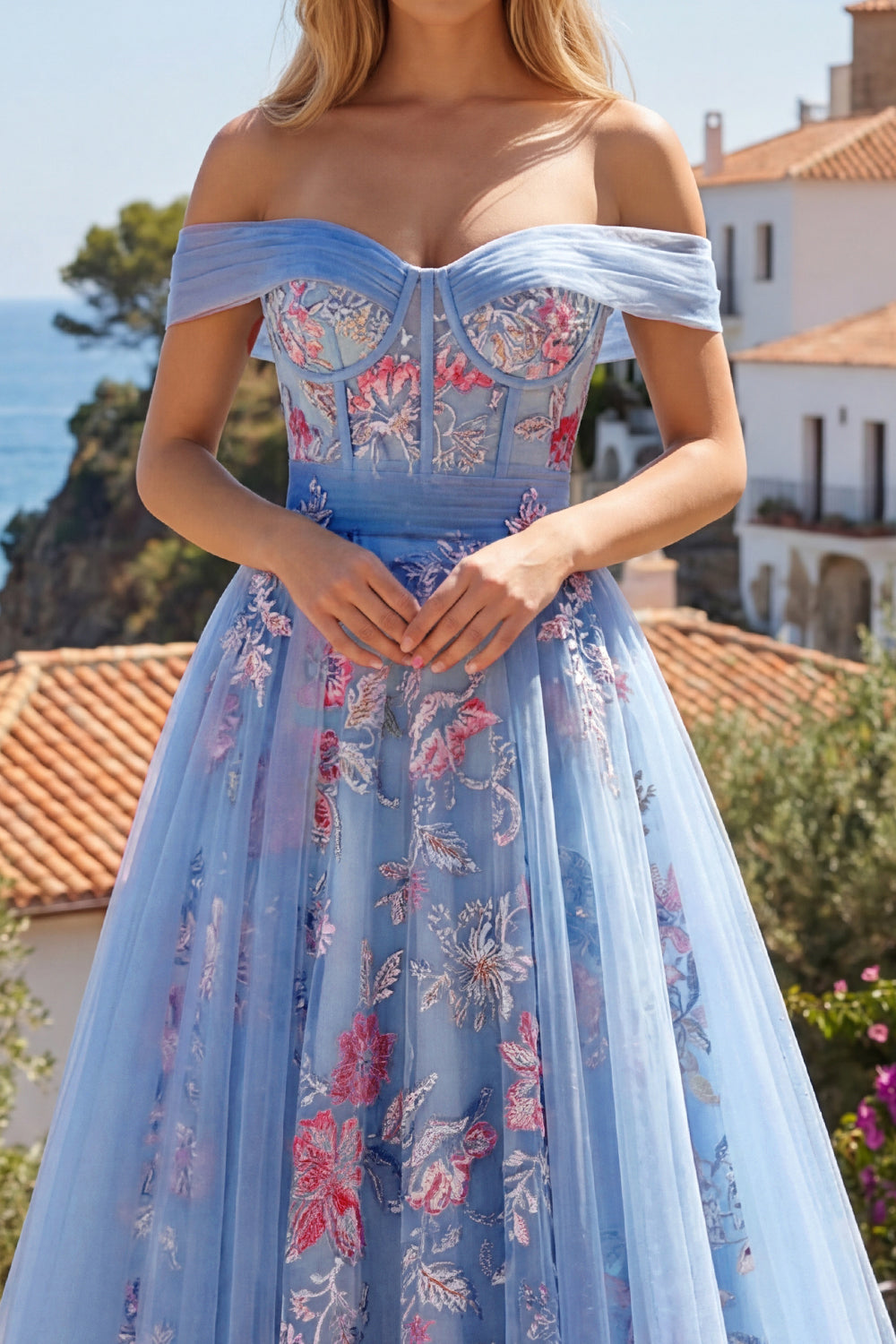 A Line Floral Corset Blue Long Off the Shoulder Prom Dress