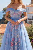 A Line Floral Corset Blue Long Off the Shoulder Prom Dress