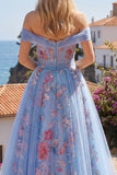 A Line Floral Corset Blue Long Off the Shoulder Prom Dress