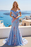 Mermaid Ruched Floral Corset Blue Long Off the Shoulder Prom Dress