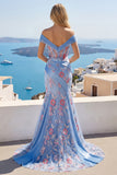Mermaid Ruched Floral Corset Blue Long Off the Shoulder Prom Dress