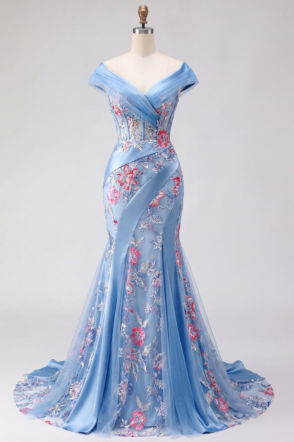 Mermaid Ruched Floral Corset Blue Long Off the Shoulder Prom Dress