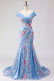 Mermaid Ruched Floral Corset Blue Long Off the Shoulder Prom Dress