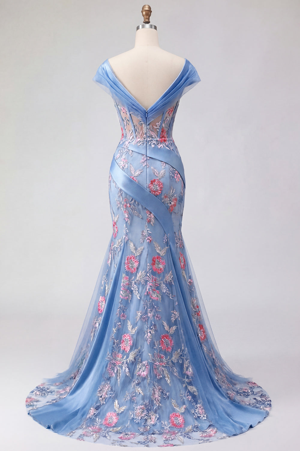 Mermaid Ruched Floral Corset Blue Long Off the Shoulder Prom Dress