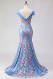 Mermaid Ruched Floral Corset Blue Long Off the Shoulder Prom Dress