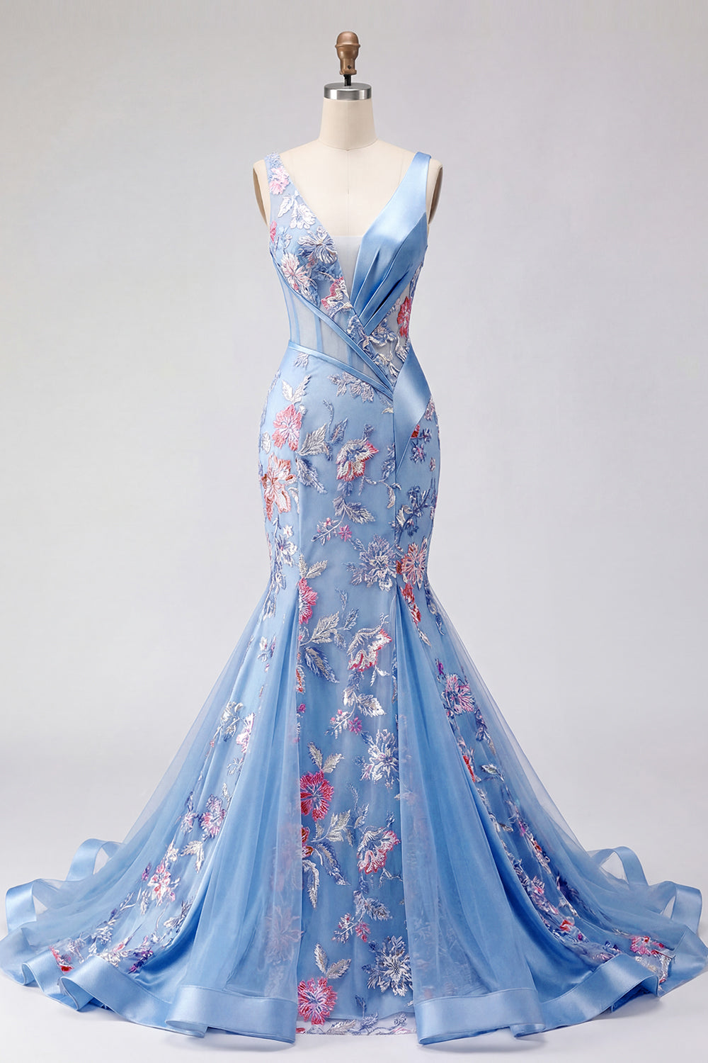 Mermaid V-Neck Ruched Floral Corset Blue Long Prom Dress