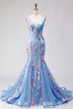 Mermaid V-Neck Ruched Floral Corset Blue Long Prom Dress