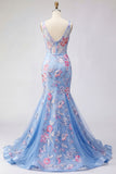 Mermaid V-Neck Ruched Floral Corset Blue Long Prom Dress