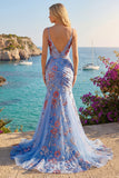 Spaghetti Straps Mermaid Ruched Floral Blue Long Prom Dress