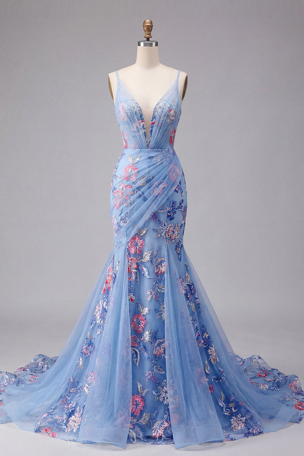 Spaghetti Straps Mermaid Ruched Floral Blue Long Prom Dress