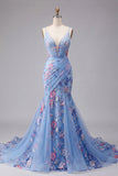 Spaghetti Straps Mermaid Ruched Floral Blue Long Prom Dress