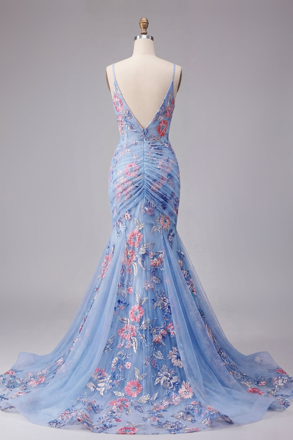 Spaghetti Straps Mermaid Ruched Floral Blue Long Prom Dress