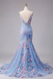 Spaghetti Straps Mermaid Ruched Floral Blue Long Prom Dress