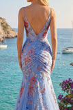 Spaghetti Straps Mermaid Ruched Floral Blue Long Prom Dress