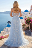 A Line Long Floral Beaded Spaghetti Straps Sparkly Blue Corset Prom Dress