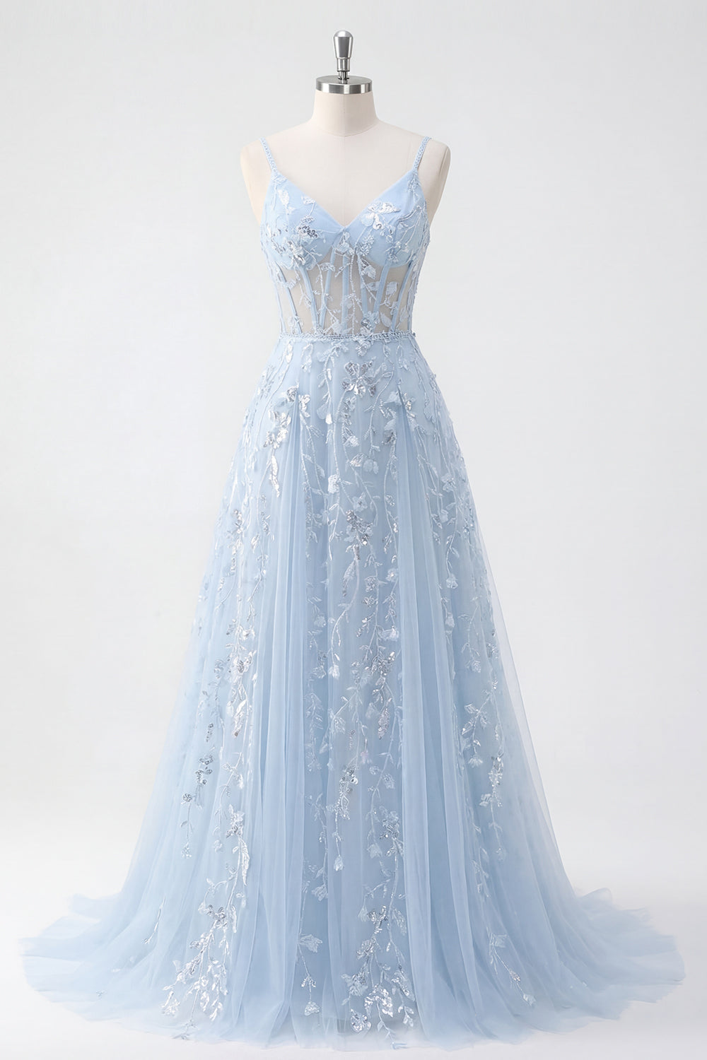 A Line Long Floral Beaded Spaghetti Straps Sparkly Blue Corset Prom Dress