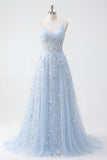 A Line Long Floral Beaded Spaghetti Straps Sparkly Blue Corset Prom Dress