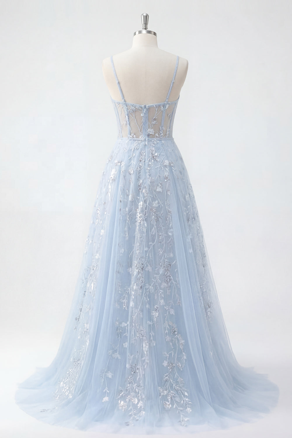 A Line Long Floral Beaded Spaghetti Straps Sparkly Blue Corset Prom Dress