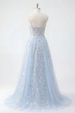 A Line Long Floral Beaded Spaghetti Straps Sparkly Blue Corset Prom Dress