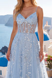 A Line Long Floral Beaded Spaghetti Straps Sparkly Blue Corset Prom Dress