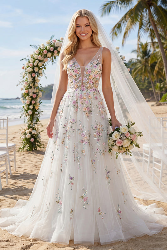 Floral White Corset Tulle Sweep Train Wedding Dress A Line V-Neck Bridal Dress