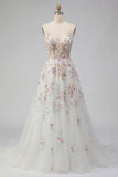 Floral Corset V-Neck White A Line Sweep Train Backless Wedding Dress