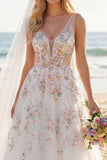 Floral Corset V-Neck White A Line Sweep Train Backless Wedding Dress