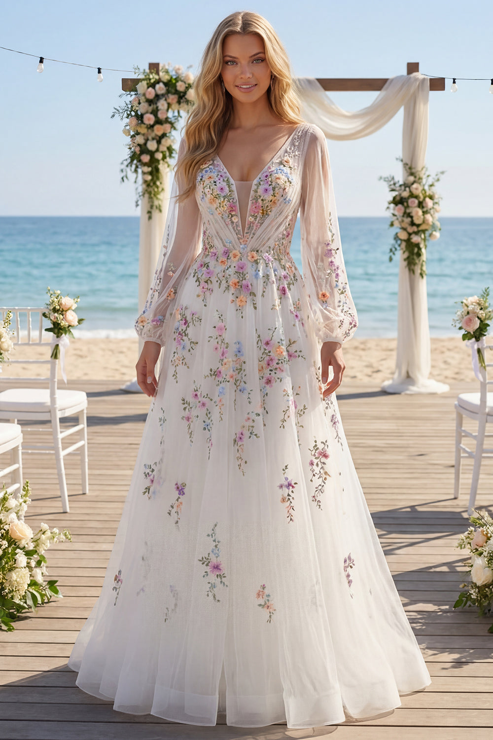 Zapakasa Women Floral White Tulle Floral Floor Length Wedding Dress A