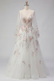 Long Sleeves Floral Ruched V-Neck White A Line Floor Length Wedding Dress