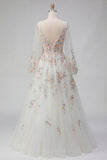 Long Sleeves Floral Ruched V-Neck White A Line Floor Length Wedding Dress