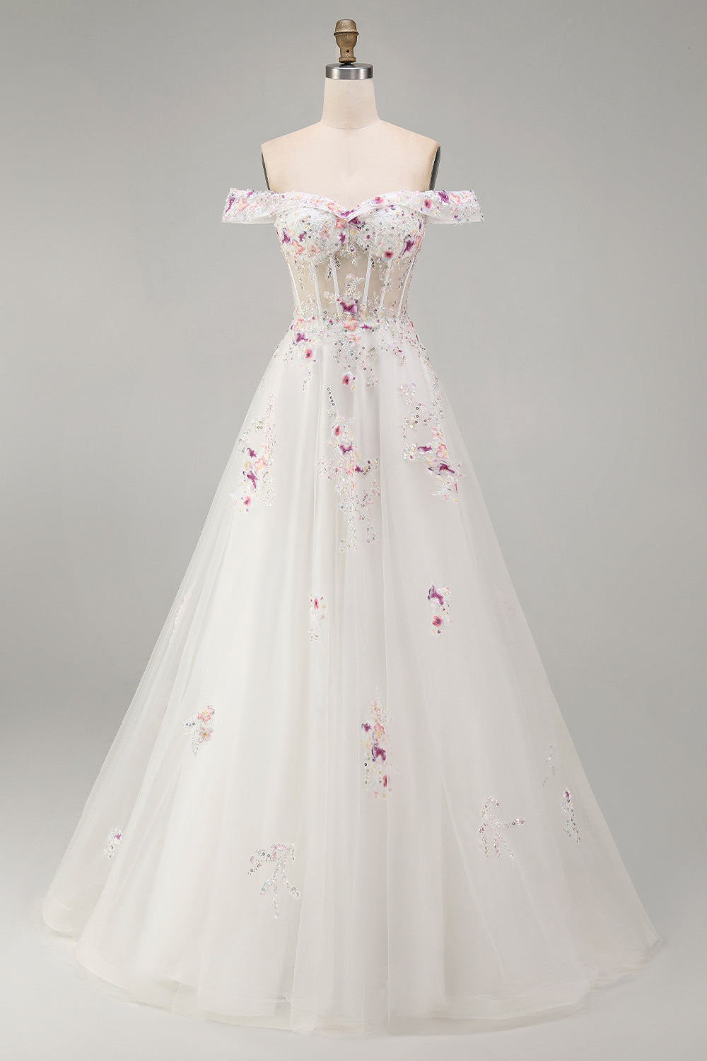 Off the Shoulder Floral Corset Sparkly White Beaded Sweep Train Wedding Dress