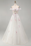Off the Shoulder Floral Corset Sparkly White Beaded Sweep Train Wedding Dress