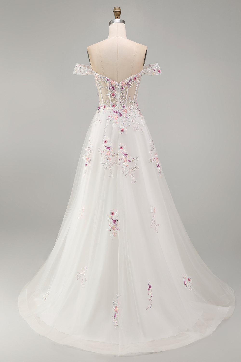Off the Shoulder Floral Corset Sparkly White Beaded Sweep Train Wedding Dress