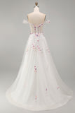 Off the Shoulder Floral Corset Sparkly White Beaded Sweep Train Wedding Dress