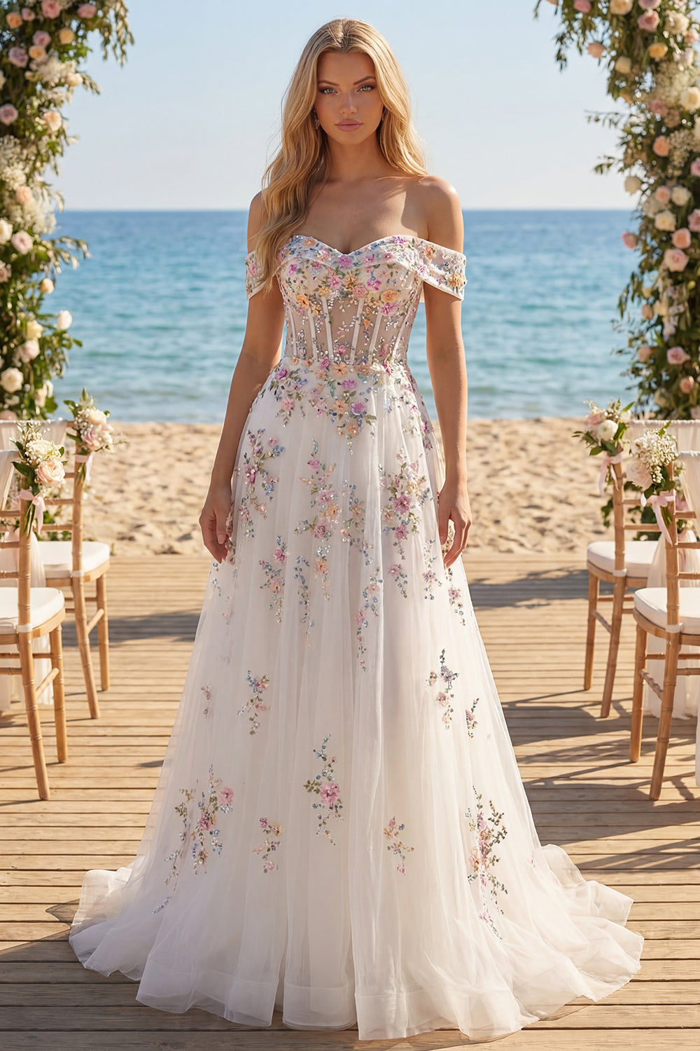 Off the Shoulder Floral Corset Sparkly White Beaded Sweep Train Wedding Dress