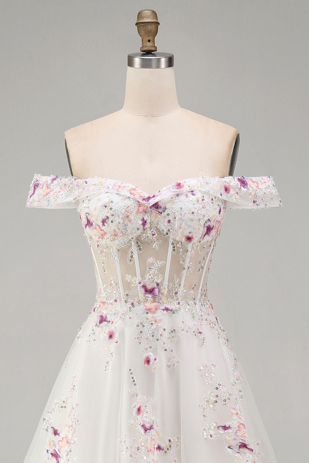 Off the Shoulder Floral Corset Sparkly White Beaded Sweep Train Wedding Dress