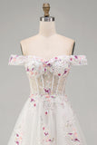 Off the Shoulder Floral Corset Sparkly White Beaded Sweep Train Wedding Dress