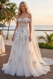 Off the Shoulder Floral Corset Sparkly White Beaded Sweep Train Wedding Dress
