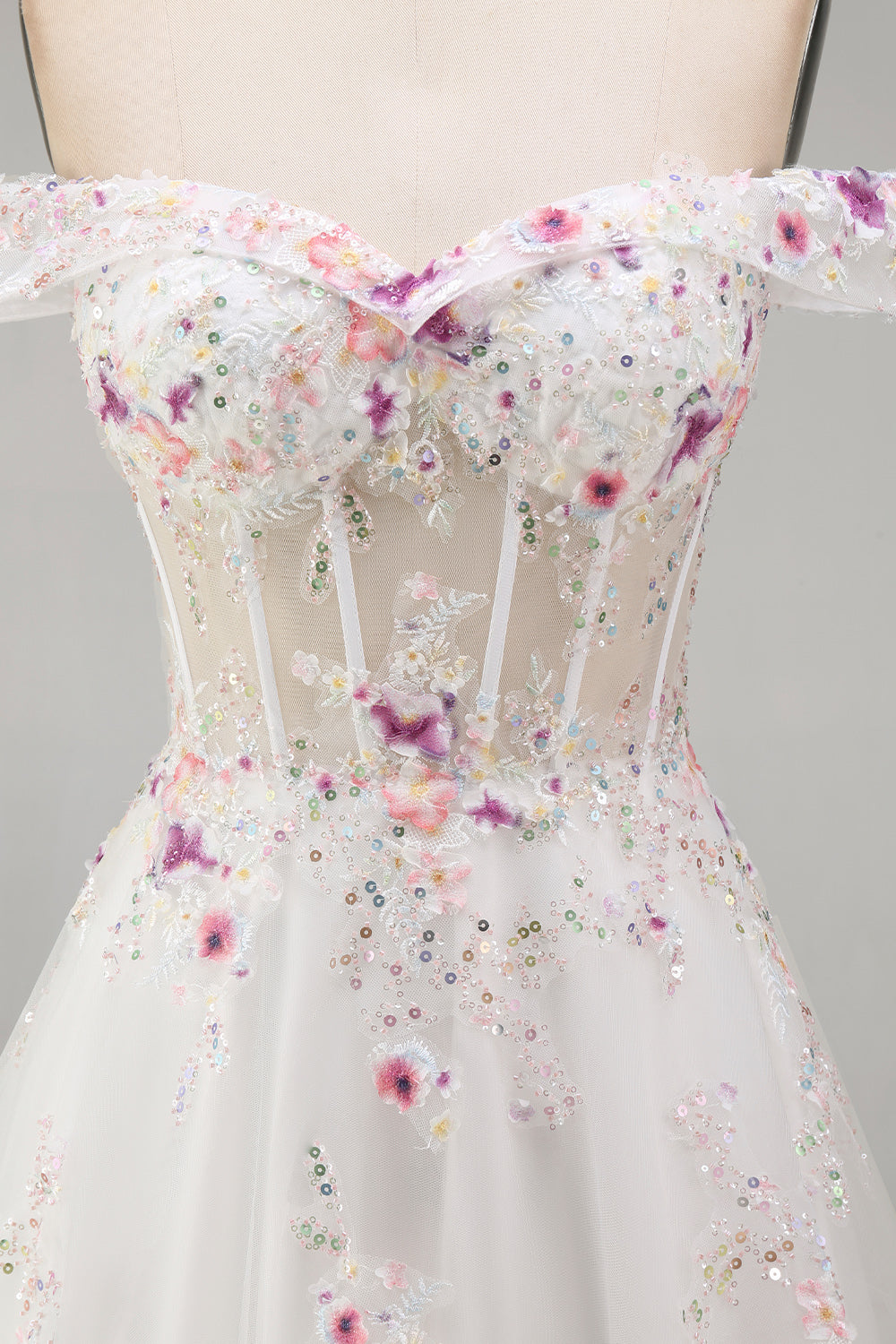 Off the Shoulder Floral Corset Sparkly White Beaded Sweep Train Wedding Dress