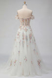 Off the Shoulder Floral Corset Sparkly White Beaded Sweep Train Wedding Dress