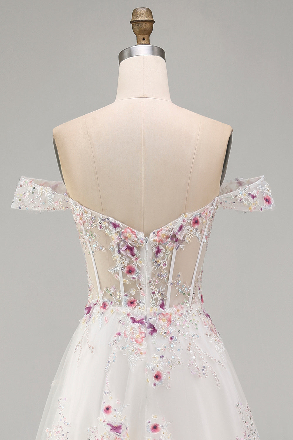 Off the Shoulder Floral Corset Sparkly White Beaded Sweep Train Wedding Dress