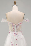 Off the Shoulder Floral Corset Sparkly White Beaded Sweep Train Wedding Dress