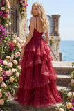 Spaghetti Straps A Line Sparkly Burgundy Long Beaded Prom Dress with Ruffles