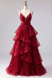 Spaghetti Straps A Line Sparkly Burgundy Long Beaded Prom Dress with Ruffles