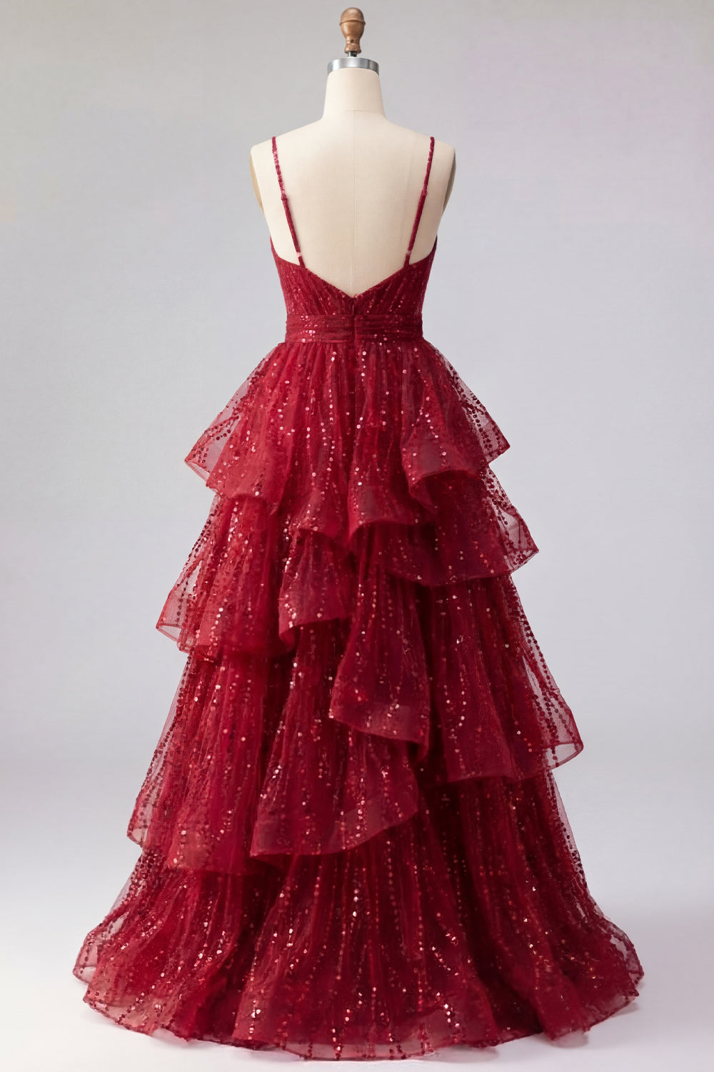 Spaghetti Straps A Line Sparkly Burgundy Long Beaded Prom Dress with Ruffles
