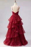 Spaghetti Straps A Line Sparkly Burgundy Long Beaded Prom Dress with Ruffles