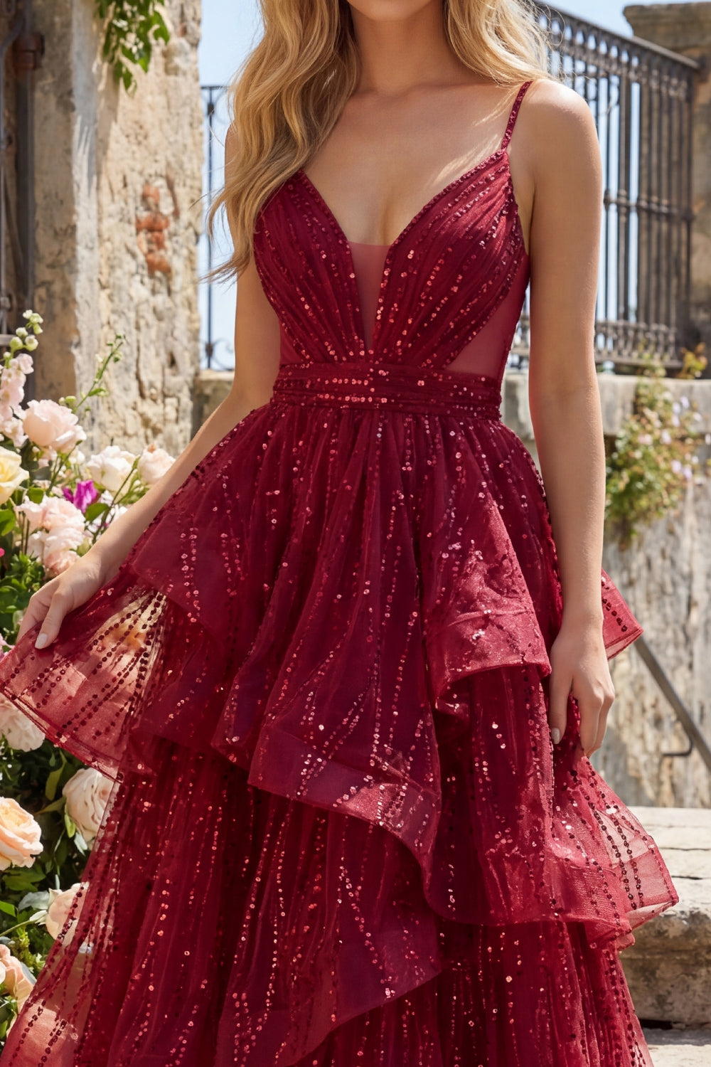 Spaghetti Straps A Line Sparkly Burgundy Long Beaded Prom Dress with Ruffles
