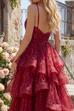 Spaghetti Straps A Line Sparkly Burgundy Long Beaded Prom Dress with Ruffles