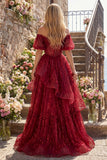 Puff Sleeves Corset A Line Sparkly Burgundy Long Beaded Prom Dress with Ruffles